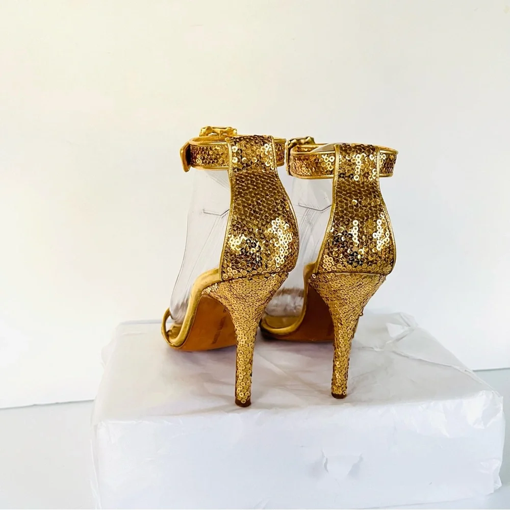 Manolo Blahnik gold sequin heels with crystal buckle 38
